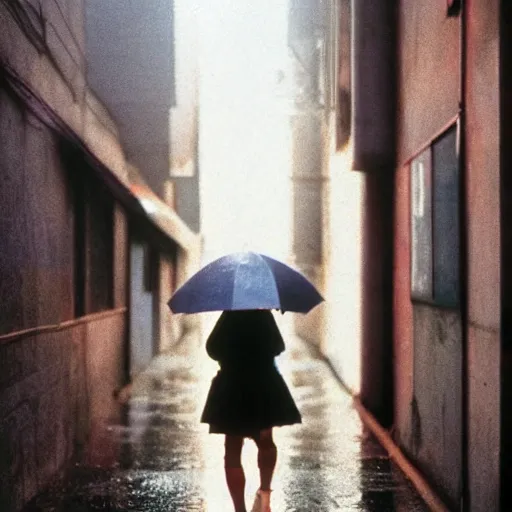 Prompt: 1990s perfect 8K HD professional cinematic photo of close-up japanese schoolgirl walking in dystopian alleyway with neon signs, at evening during rain, at instagram, Behance, Adobe Lightroom, with instagram filters, depth of field, taken with polaroid kodak portra