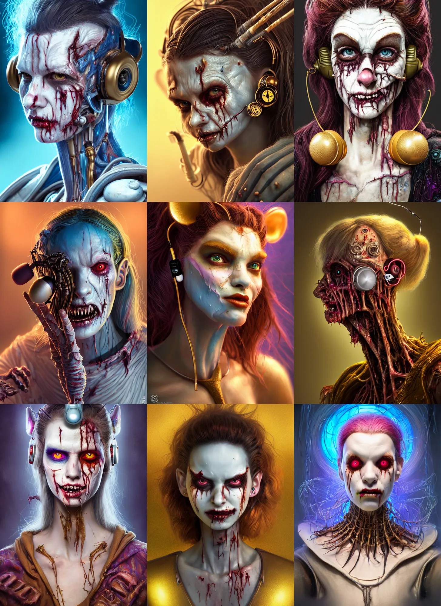 Prompt: disney weta portrait, soft lustrous biotech damaged zombie raver white clowncore marvel cyborg, earbuds, golden ratio, sci - fi, fantasy, cyberpunk, intricate, decadent, highly detailed, digital painting, ever after high, octane render, artstation, concept art, smooth, sharp focus, illustration, art by pixar, artgerm, loish, wlop