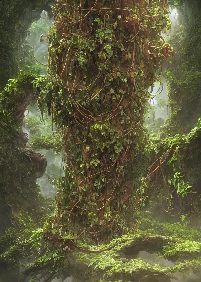 Prompt: a highly detailed matte painting of a massive exotic plant vine with transparent pods with curled up human forms inside, hd, concept art, artstation, deviantart,