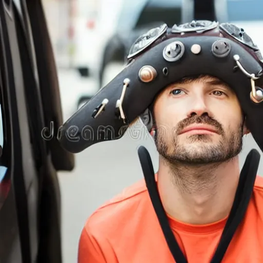 Image similar to man wearing car wheel on head as hat stock photo