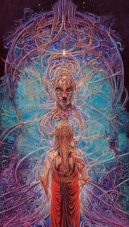 Prompt: Chromatic crystal themed painting of ancient psytrance monk fantasy human beautiful symmetrical face concept, infinity glyph, intricate artwork by, Johnatan Wayshak, Zdizslaw Beksinski, Ayami Kojima, Amano, Karol Bak, Greg Hildebrandt, and Mark Brooks, Neo-Gothic, gothic, rich deep colors, art by Takato Yamamoto, masterpiece, face by Artgerm, H.R. Giger, very coherent artwork, cinematic, hyper realism, high detail, octane render, unreal engine, 8k, High contrast, golden ratio, trending on cgsociety, ultra high quality model, production quality cinema model