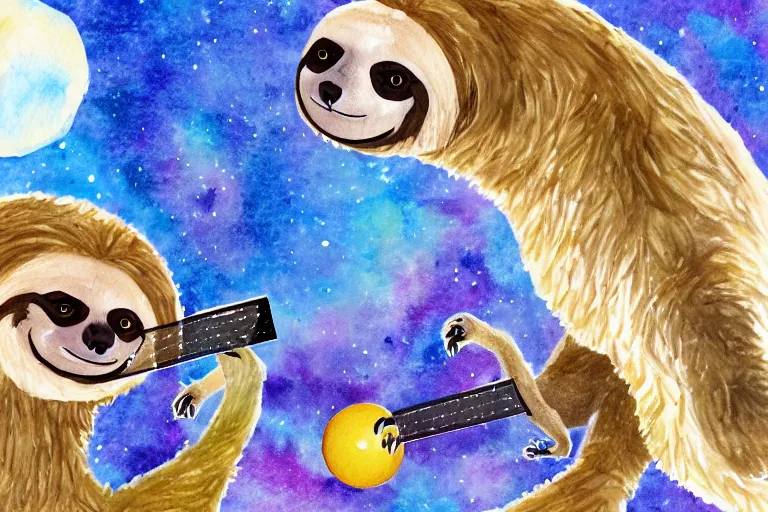 Image similar to a sloth and a llama playing ping pong in space, water color