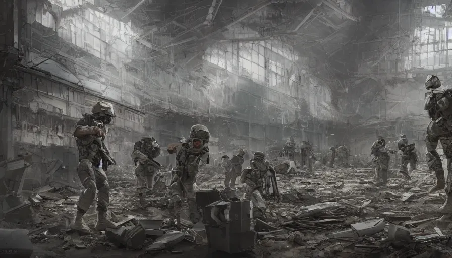 Image similar to soldiers investigating in abandoned dusty warehouse, hyperdetailed, artstation, cgsociety, 8 k