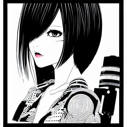 Image similar to an ink drawing of a tech punk girl by ilya kuvshinov, black and white