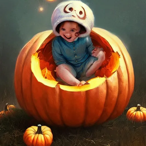 Image similar to a cute happy baby sitting inside a pumpkin. beautiful cute highly detailed face. halloween themed painting by artgerm and greg rutkowski.