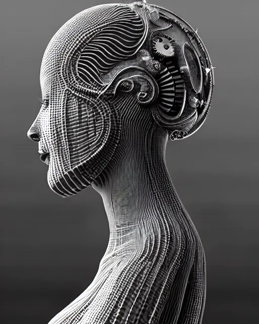 Prompt: mythical black and white organic bio-mechanical spinal ribbed profile face portrait detail of silver mechanical beautiful female angelic-queen-vegetal-cyborg, highly detailed, intricate steampunk ornate, poetic, 3D render, digital art, octane render, 8K artistic photography, photo-realistic, by Dora Maar