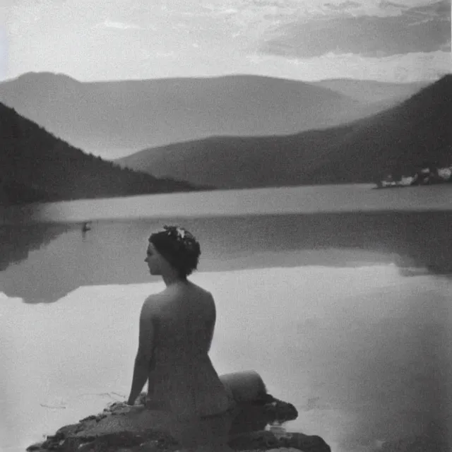 Prompt: greek goddess by a lake, vintage film photograph