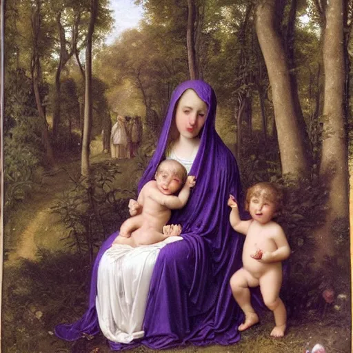 Image similar to Rapphaelaen Madonna in purple velvet holding a child, Bougereau nymphs around, forest with dark trees, 1k