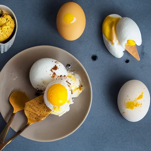 Prompt: ice cream with eggs and mustard on it, food photography, highly detailed