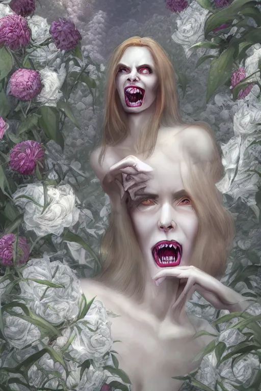 Prompt: Surreal Female Demon of Death with a Sinister Grin Floating in the air, in the middle of a garden of white roses and Dhalias, photo realistic, insanely detailed, mist, trending on artstation, golden ratio, ultra super good realistic 3D render by Gerald Brom