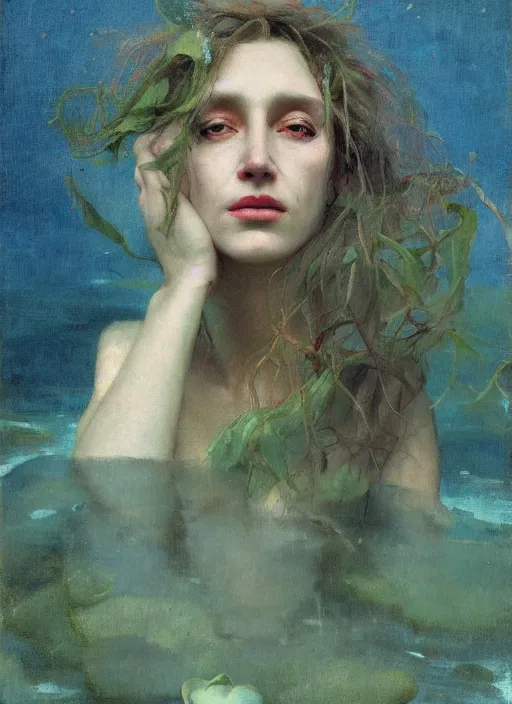 Prompt: queen of the garden, wind swept hair, murky underwater and dreaming by jeremy lipkin, vincent di fate, hieronymus bosch, rule of thirds, seductive look, beautiful