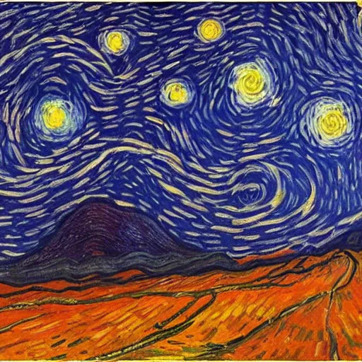 Image similar to starry night on mars, red dust, snakes, dim distant light, towers, painting by van gogh