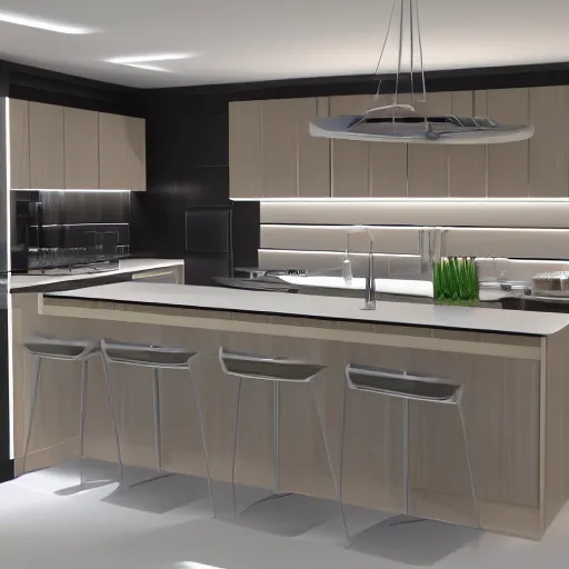 Image similar to modern kitchen with rgb led strip lighting, homes and gardens, super detailed render, award winning,