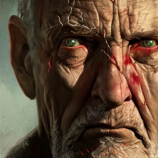 Image similar to close-up, symmetrical, portrait of an old man, bruised, scarred, marvel art, art by greg rutkowski, matte painting, trending on artstation