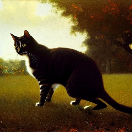 Prompt: 'impressive modern painting of a realistic cat, trending on artstation, by George Inness, with drop shadow, Unreal Engine, RTX, Octane, 4K'