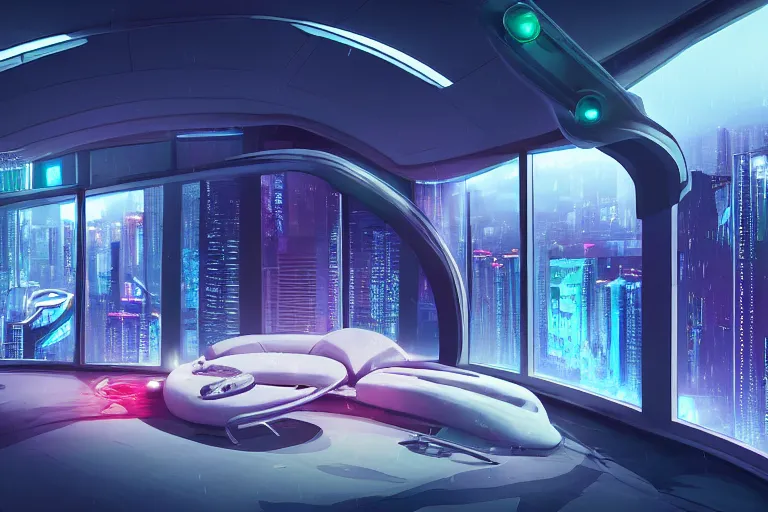 Image similar to a futuristic bedroom with large curved ceiling high windows looking out to a far future cyberpunk cityscape, cyberpunk neon lights, raining, scifi