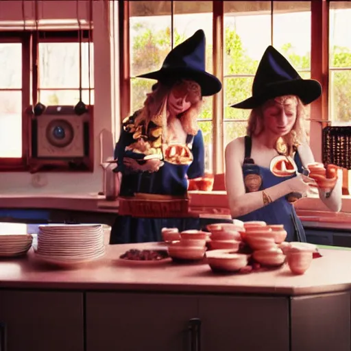 Prompt: kitchen witches brewing cannabis candy high detail realistic cinestill cinematic golden hour volumetric