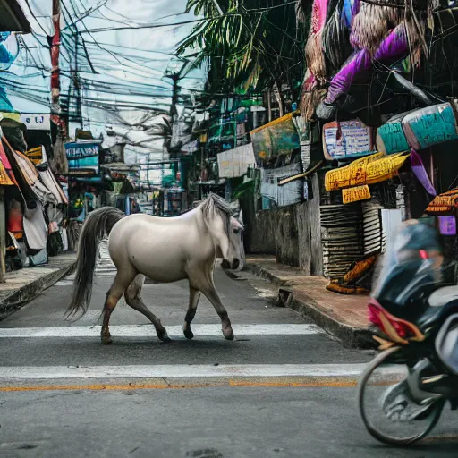 Prompt: photo of a unicorn wandering the streets of philippines, award - winning photograph, national geographic, 8 k uhd