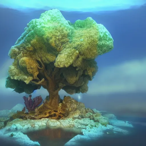 Image similar to layerd small glowing reef rhombu sparrow nickel iceberg mahogany tree , by Ghibli Studios and Leonardo da Vinci and Eleanor Vere Boyle , Global Illumination , cluttered , groovy