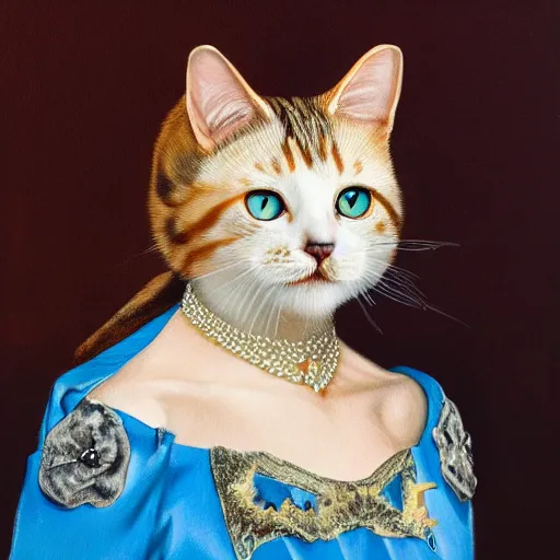 Image similar to portrait of a cat dressed as the queen of england, photorealist, 4 k