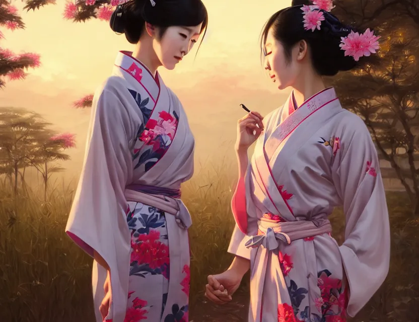 Image similar to two beautiful fashion taiwan girl wear elegant yukata in festival | | big eyes, summer night, realistic shaded, smile, good looking, fine details, 4 k realistic, cryengine, realistic shaded lighting poster by greg rutkowski, magali villeneuve, artgerm, jeremy lipkin and michael garmash and rob rey