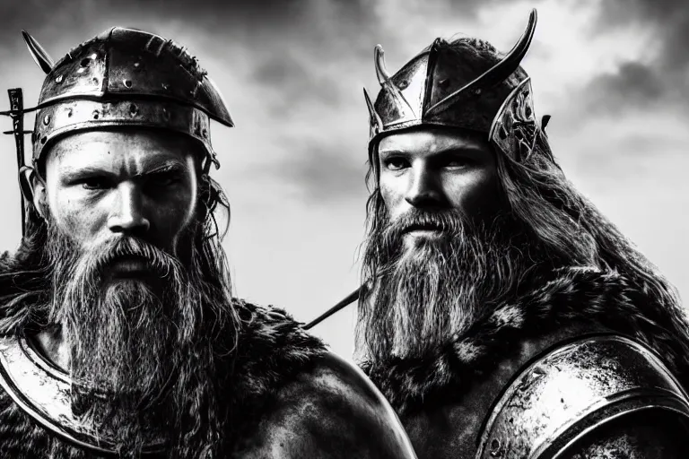 Prompt: still photo of viking warrior looking at the camera in a battlefield, black and white color aesthetic, highly detailed, photorealistic portrait, bright studio setting, studio lighting, crisp quality and light reflections, unreal engine 5 quality render
