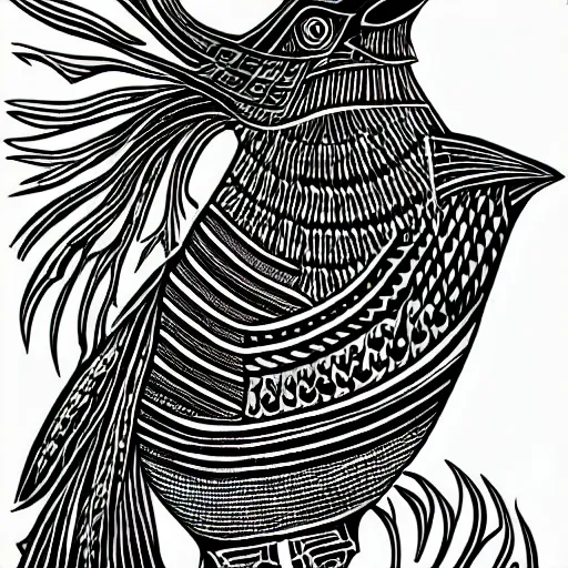 Image similar to crow, bold stylized block print, 4k, black ink on white paper