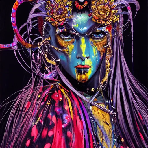 Prompt: ( high definition highly detailed baroque cyberpunk shamaness, varnished oil paint in bright colors on black background with small background color splatters, by katsuhiro otomo ) as anime art