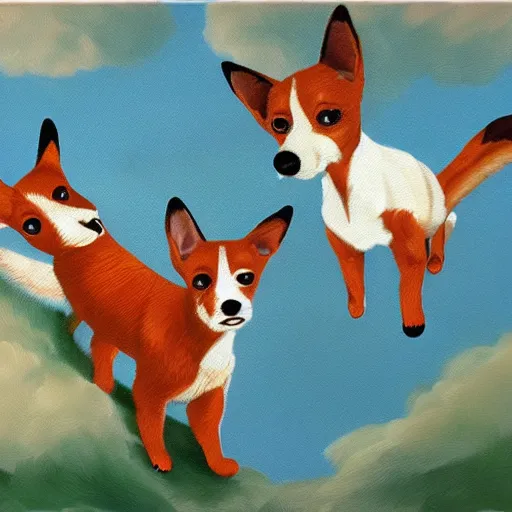 Prompt: 3 toy fox terriers flying a biplane, dog faces alert, beautiful painting, dappled fur pattern, style of tin tin