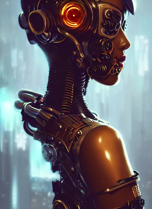 Image similar to soft lustrous ebony biotech raver gutter punk gothic cyborg, golden ratio, details, scifi, fantasy, cyberpunk, intricate, decadent, highly detailed, digital painting, octane render, artstation, concept art, smooth, sharp focus, illustration, art by artgerm, loish, wlop