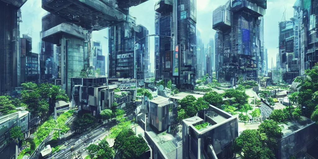 Image similar to neo brutralism, futuristic architectural art of Tokyo in 2049, colorful, hyperrealistic, octane render, 8k, realistic depth, 3D feeling, sunlight, shadows, reflections, romanticism, wallpaper, dark blue and green tones, in the style of Akihiko Yoshida