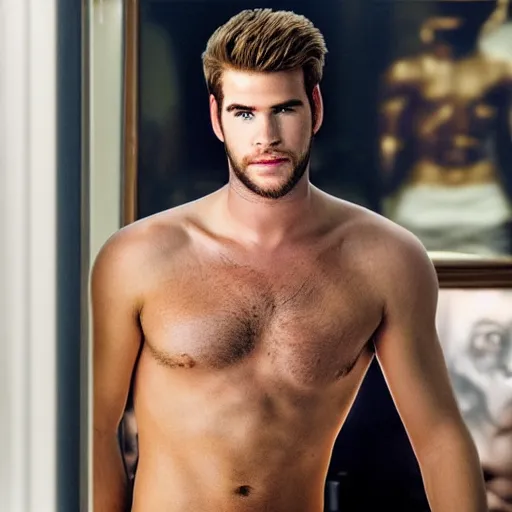 Image similar to a realistic detailed photo of a guy who is an attractive humanoid who is half robot and half humanoid, who is a male android, actor liam hemsworth, shiny skin, posing like a statue, blank stare, in a living room, on display, showing off his muscles