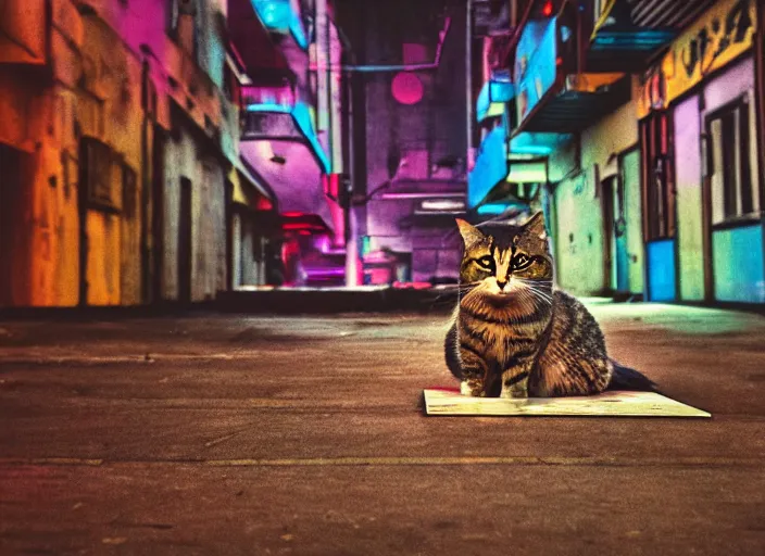 Image similar to photography of a Cat sitting on a box. in a cyberpunk street, award winning photo, saturated, colored, colors, 100mm, sharp, high res