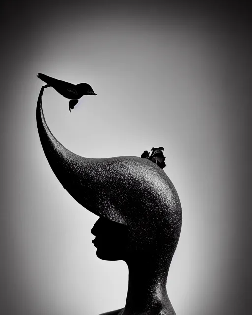 Image similar to surreal mythical dreamy dark artistic black and white fine art photo of a monumental wax sculpture of a female - orchid - bird - cybor