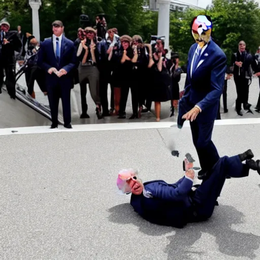 Image similar to joe biden falling off his wheelchair faceplanting on the ground, award winning photo