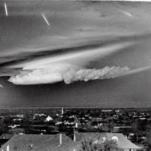 Prompt: incoming debris cloud, nuclear explosion. A family on their front porch watching the explosive impact of a meteorite into the distant mountains. Comet, Meteor, apocalypse, shockwave, total and absolute destruction