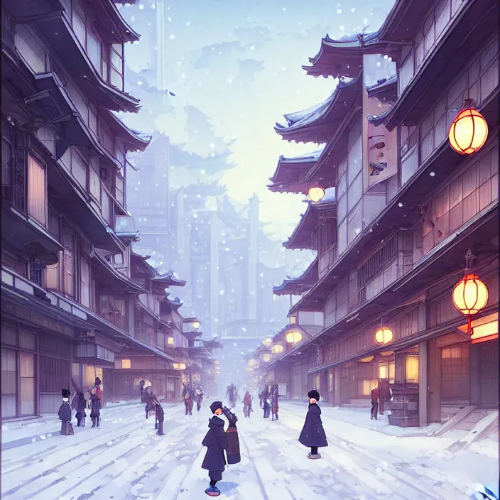 Image similar to empty japanese big city, winter, in the style of studio ghibli, j. c. leyendecker, greg rutkowski, artem