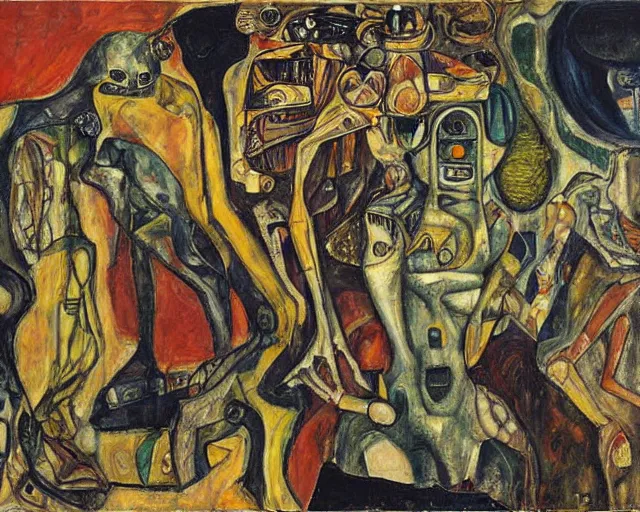 Image similar to a painting of a aliens and robots by graham sutherland, egon schiele, gustav klimt, guernica, expressionism