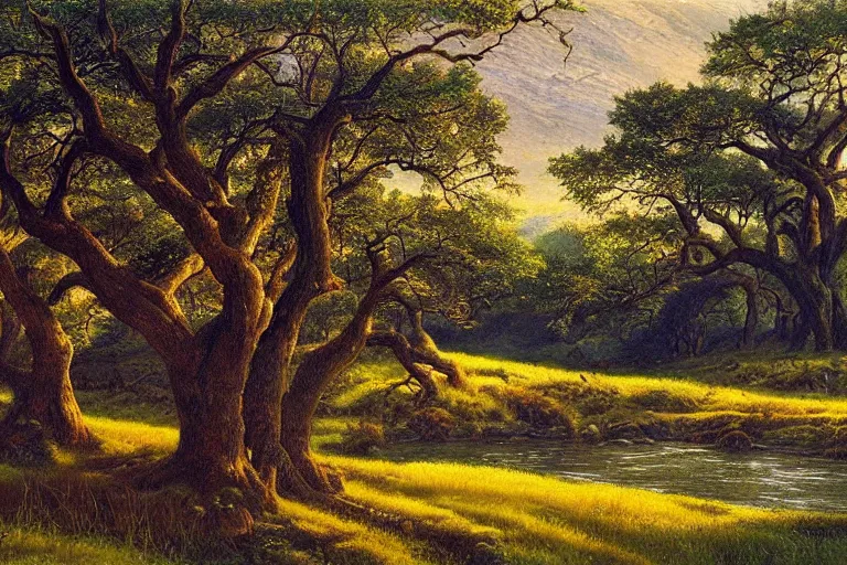 Image similar to masterpiece painting of oak trees on a hillside overlooking a creek, dramatic lighting, by james gurney