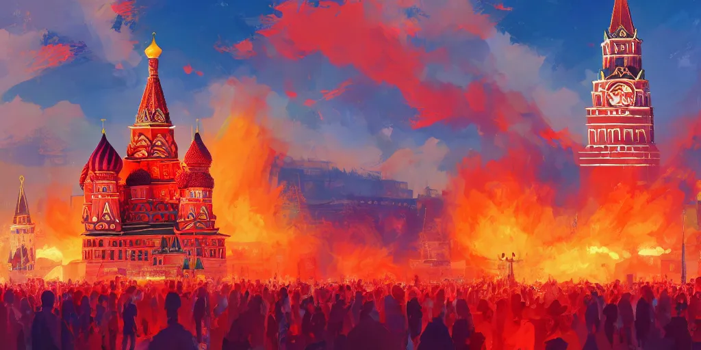 Image similar to high quality picture of burning Red Square in Moscow in flame, rich vivid colors, ambient lighting, dynamic lighting, 4k, HQ, official media, anime key visual, makoto shinkai, ilya kuvshinov, lois van baarle, rossdraws, detailed, trending on artstation