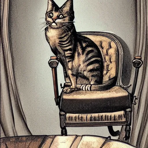 Image similar to steampunk cat sits in a chair in front of a fireplace in a book lined room and smokes a pipe. realistic and detailed