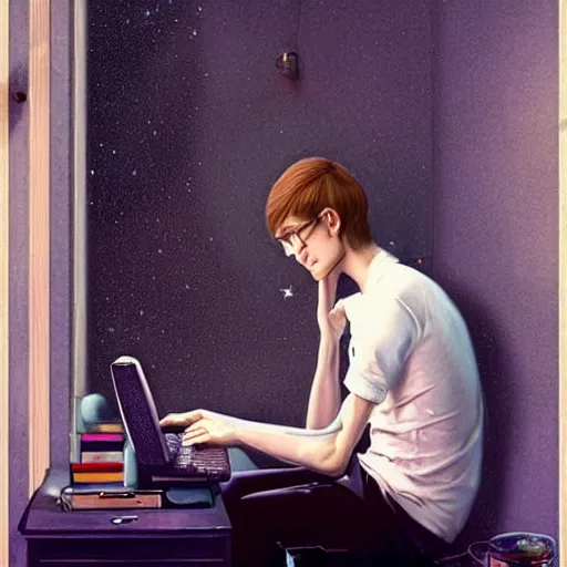 Image similar to a skinny computer nerd guy sitting on the floor of his room, crossed legs, laptop, smartphone, video games, tv, books, potions, jars, shelves, knick knacks, tranquil, calm, sparkles in the air, magic aesthetic, fantasy aesthetic, colorful, whimsical aesthetic, by stanely artgerm, tom bagshaw, arthur adams, cane griffiths, trending on deviantart, street art, face enhance, chillwave, maximalist