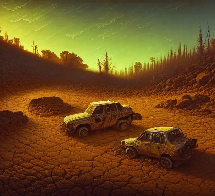 Prompt: the crash site at a dry river bed in a barren 🏜 by ivan shishkin and zacharias aagaard and simon stalenhag and dan mumford and josan gonzalez, chiaroscuro, tonalism, sfumato, high saturation, retrowave