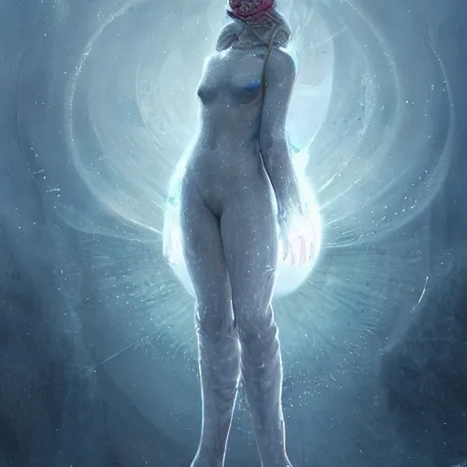 Image similar to a hyperrealistic illustration of an alien in the Arctic, white long clothes, snow on the body, blue transparent ice with fractal sunlight, award-winning, masterpiece, in the style of Tom Bagshaw, Cedric Peyravernay, Peter Mohrbacher