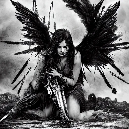 Prompt: fallen female archangel with black feathered wings, heavily scared and wounded from battle with devils, looks to be in grief, kneeling on the ground in a hellscape with a broken holy sword in front of her, and a pile of bones is aflame behind her. 4 k, hyper detailed, super realistic, dark fantasy