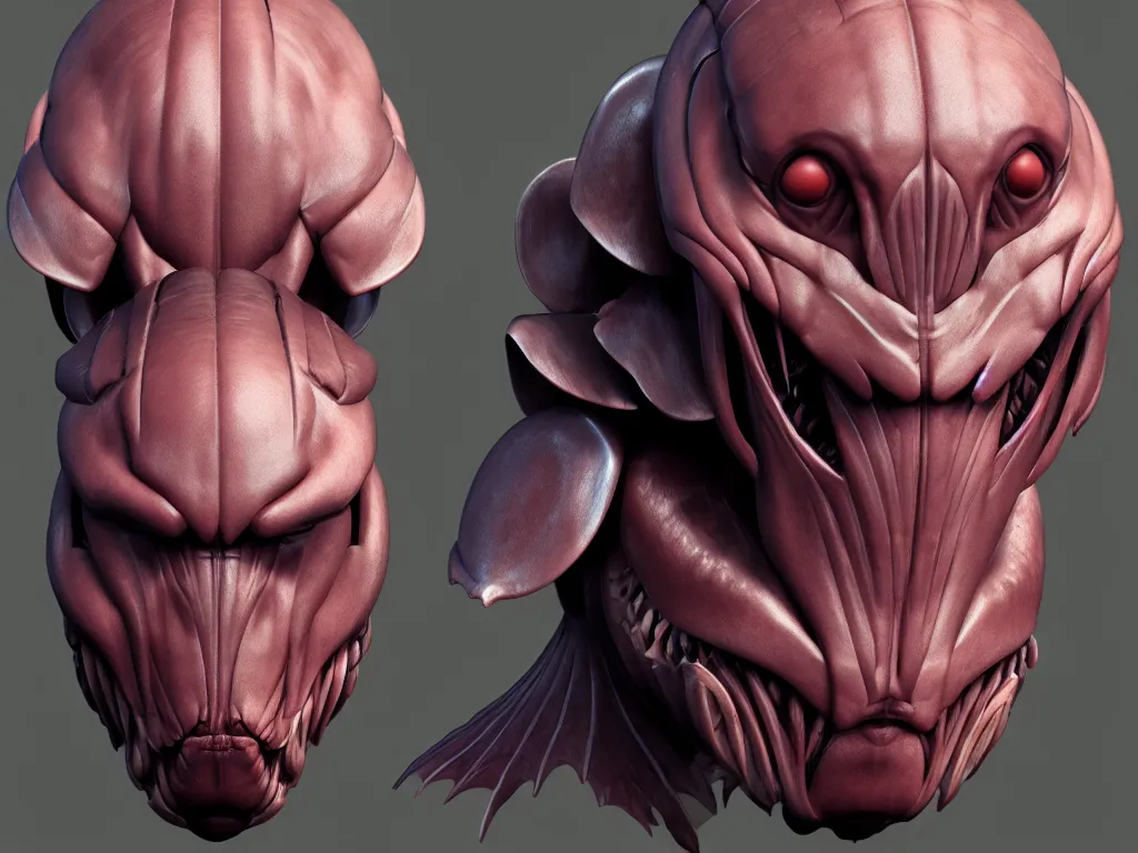 Image similar to game concept art, muscular, isopod head, chiroptera ears, hyperrealism, artstation, cgsociety, zbrush, no background