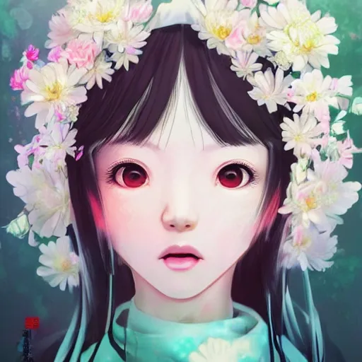 Image similar to little chinese girl with flowers in hair wearing an white dress. art by ilya kuvshinov, profile picture, inspired in hirohiko araki, realistic, highly detailed, 8 0 s anime art style