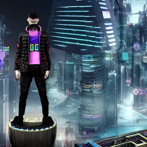 Image similar to a man dressed in cyberpunk style clothing standing on top of a raised platform, futuristic city in the background