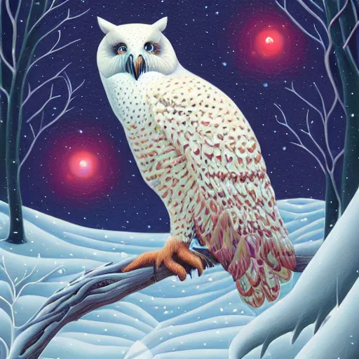 Prompt: Snow Owl By Casey Weldon and Martine Johana, rich colors, intricate, elegant, highly detailed, centered, digital painting, artstation, concept art, smooth, sharp focus, HDR, Coherent, illustration