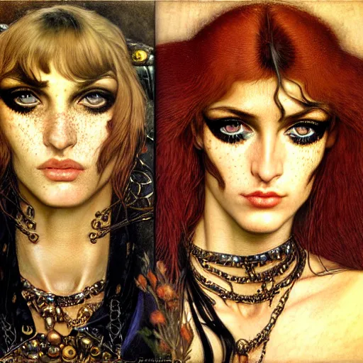 Prompt: an award finning closeup facial portrait by angus mcbride, dante gabriel rossetti, luis royo and john howe of a very beautiful and attractive female bohemian cyberpunk traveller with green eyes and her face full of freckles, clothed in excessively fashionable haute couture musicians gear and wearing vibrant and ornate half - face makeup